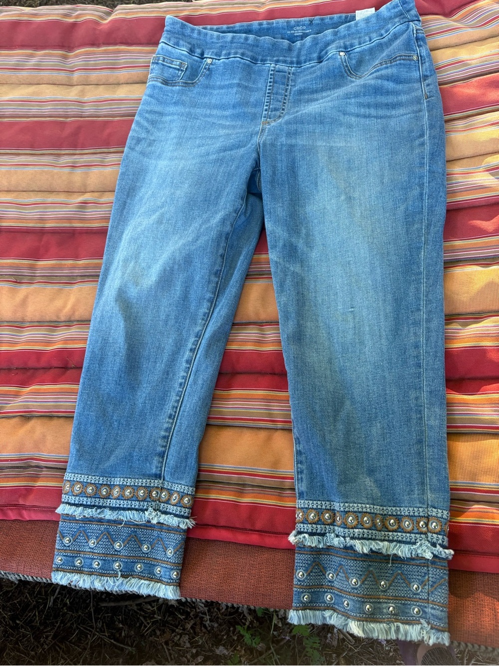 Chico's Light Blue Cropped Jeans with Beaded Fringe Cuffs